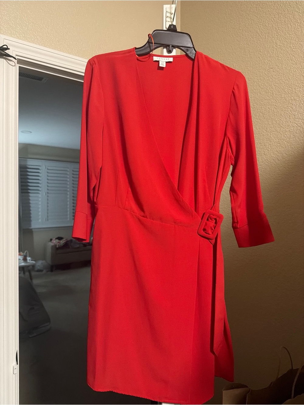 Topshop Red Side-Buckle Wrap Mini Dress - Size 8 (Like New)